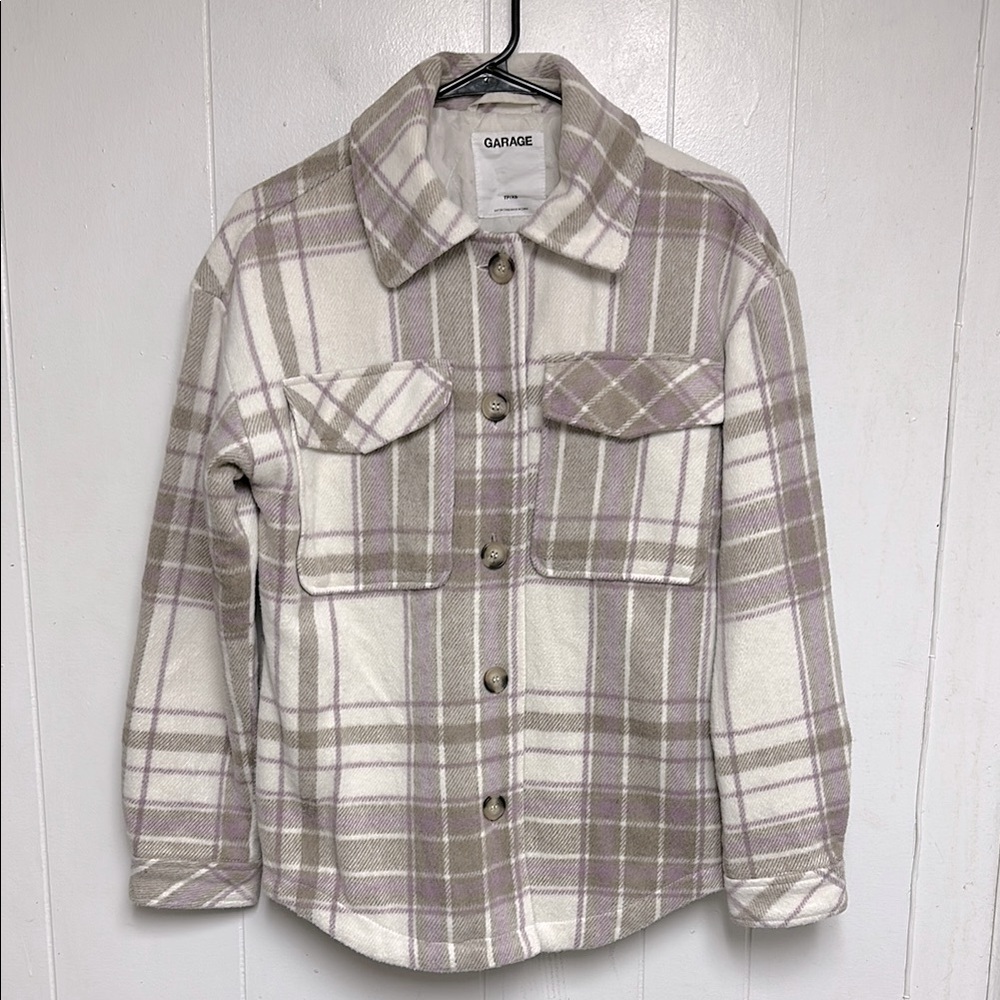 Garage Plaid Vancity Shacket Shirt Jacket In White Lavender Long Sleeve TP XS